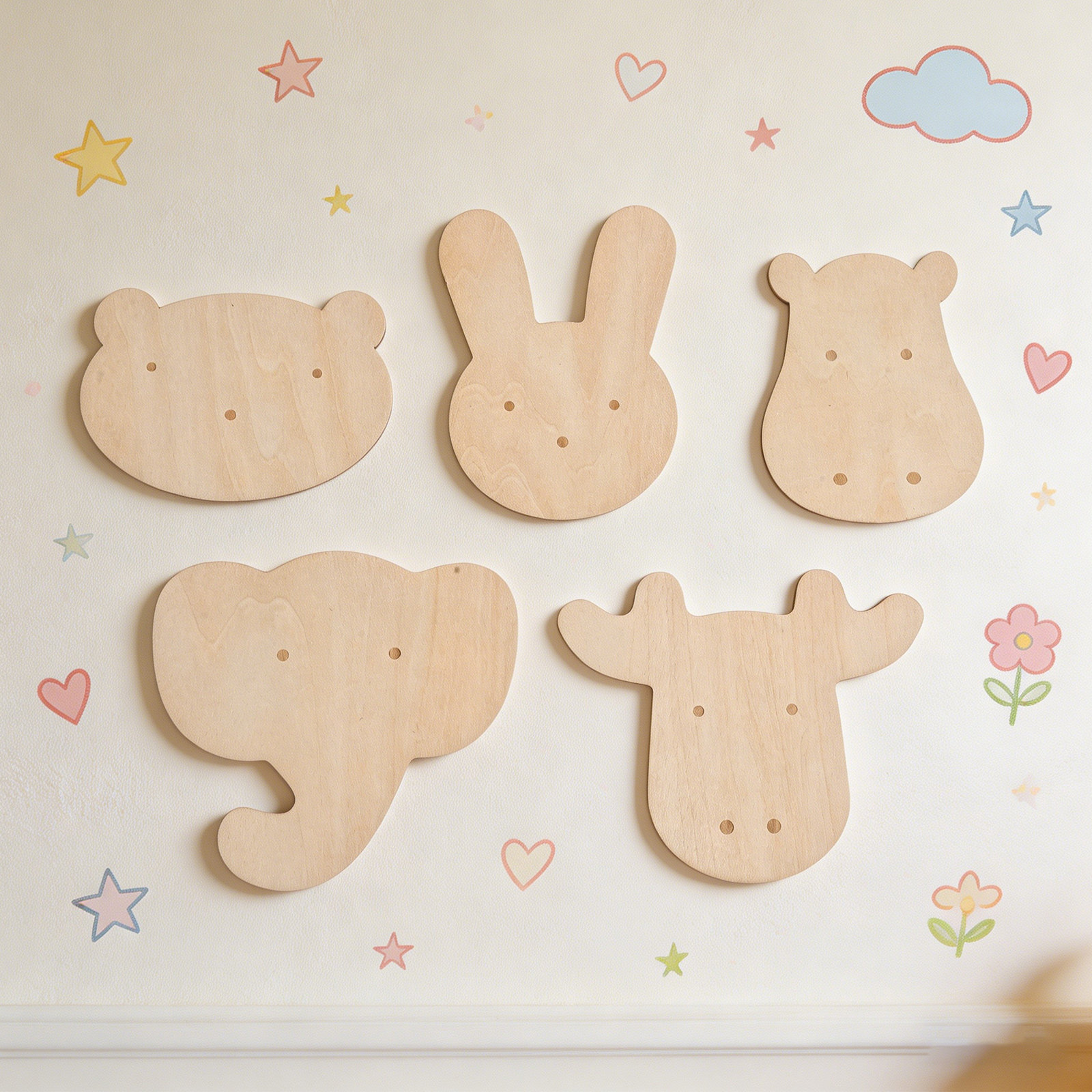 Art And Craft For Nursery - 5 Stück Tier-Wandaufkleber aus Holz, natürliche