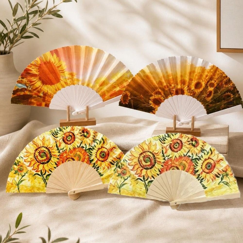 Art Craft And Design - Kunsthandwerklicher Sonnenblumen-Faltfächer, Handgefertigtes Design, Stofffächer, Zusammenklappbarer